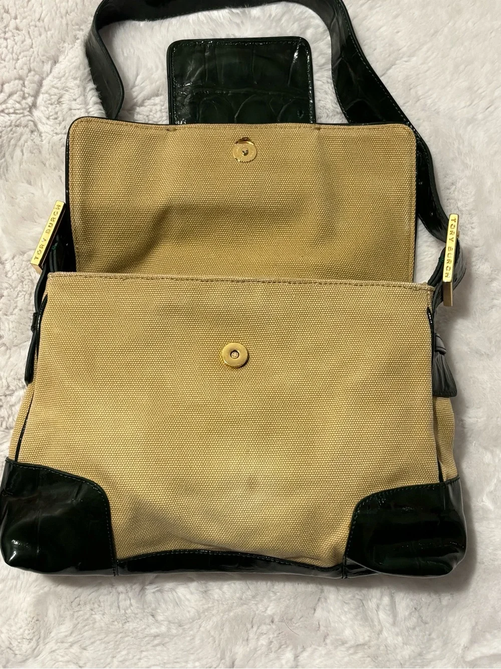 Tory Burch Vintage Baguette Shoulder Bag Khaki Canvas Dark Green Patent 11099828